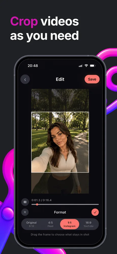 Crop screen with 9:16, 4:5, 1:1 and 16:9 format options