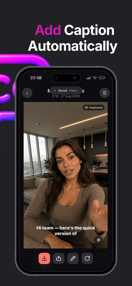 Finished clip with automatic captions burned in, ready to save or share